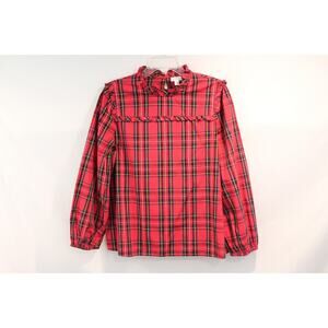 J Crew Peasant Mary Poppins Top Women size S Red Ruffle Tartan Plaid Long Sleeve